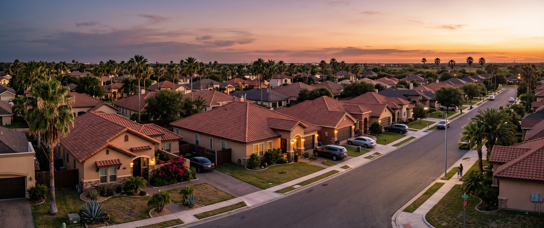 A neighborhood of stucco homes with tile roofs at dusk